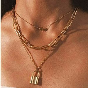 NEW LAYERED GOLD TONE LOCK NECKLACE SET